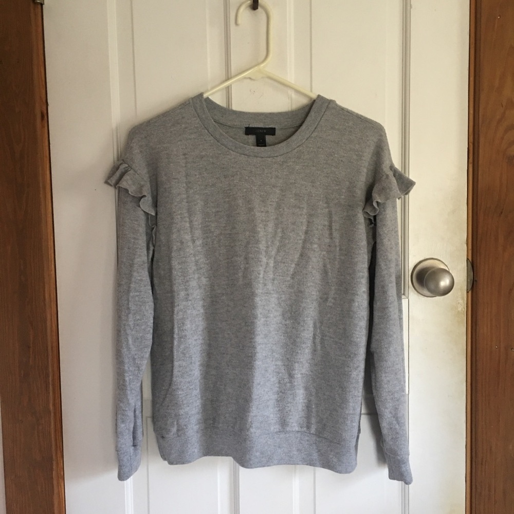 J. Crew Light Gray Ruffle-Sleeve Crewneck Sweater - Picture 3 of 5